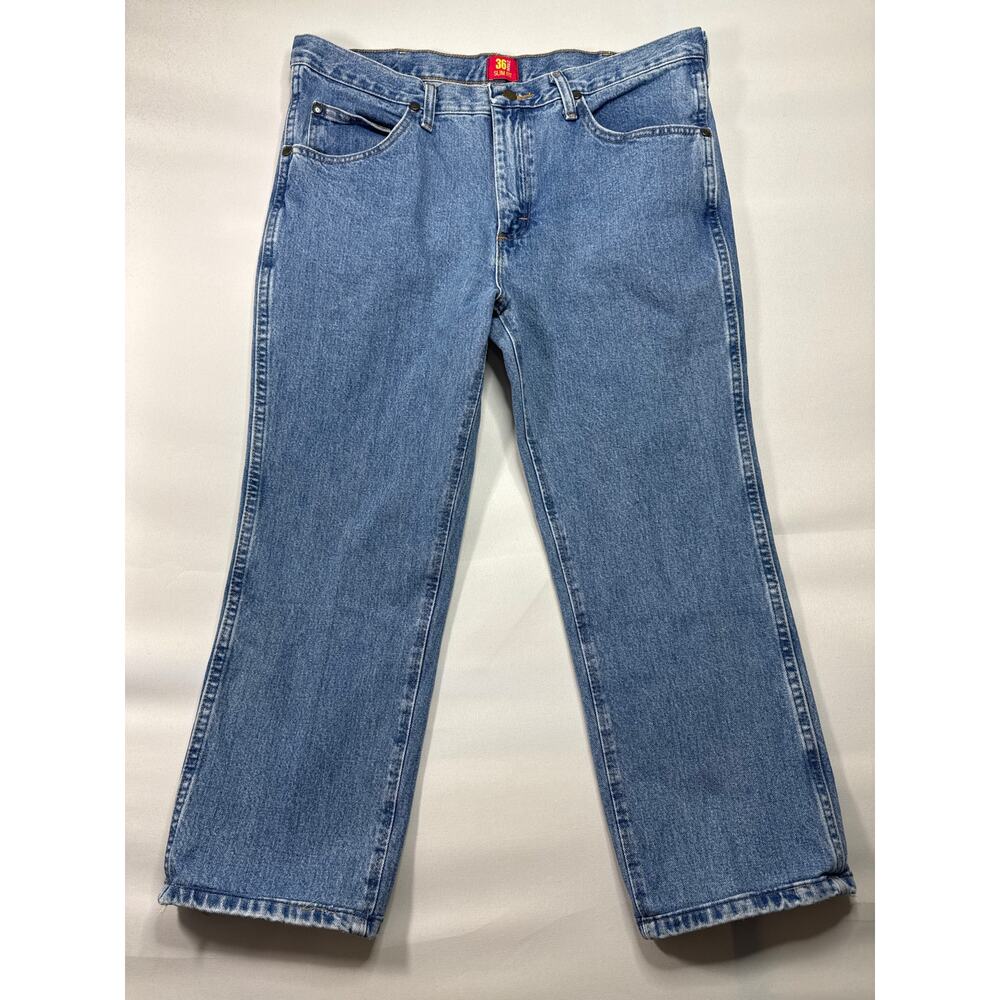 Wrangler 36MWZ Men's Slim Fit Straight Leg Blue Denim Jeans - 36x30 (36x24.5)